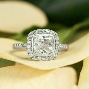 Bezel 2.50Ctw Cushion White Diamond Halo Classic Engagement Ring 14k White Gold Over