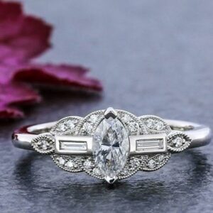 Art Deco 1.95 Ctw Marquise Cut Diamond Antique Engagement Ring 14k White Gold Over