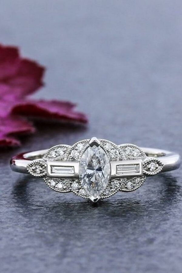 Art Deco 1.95 Ctw Marquise Cut Diamond Antique Engagement Ring 14k White Gold Over