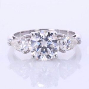 2.60 Center Round Cut & Side Pear Cut Diamond 3-Stone Engagement Ring 14k Gold Plated
