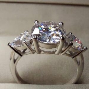 2.60 Center Round Cut & Side Pear Cut Diamond 3-Stone Engagement Ring 14k Gold Plated
