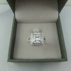 Halo With Split Shank Engagement Ring, 2.68 Ctw Cushion Cut White Diamond Ring Solid 14k White Gold
