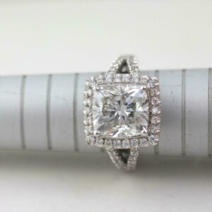 Halo With Split Shank Engagement Ring, 2.68 Ctw Cushion Cut White Diamond Ring Solid 14k White Gold