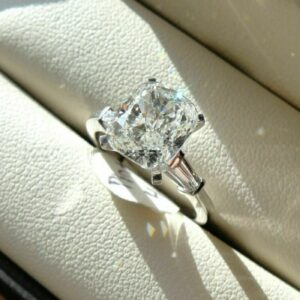 3-Stone Engagement Ring, 3.78 Ctw Solitaire Cushion Cut Diamond Baguette Accents 14k Gold Plated Ring