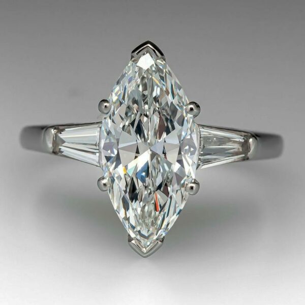 2.63 Ctw Marquise Cut Solitaire Diamond With Baguette Accents Engagement Ring Real 10k White Gold