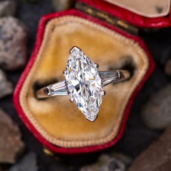 2.63 Ctw Marquise Cut Solitaire Diamond With Baguette Accents Engagement Ring Real 10k White Gold