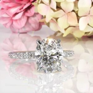 3.00 Carat Oval Cut Brilliant Diamond Solitaire With Pave Diamond Engagement Ring 14k White Gold