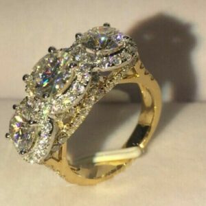 2.89 Ctw Round White Diamond 3-Stone Halo Luxury Engagement Ring Solid 14k Yellow Gold