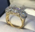 2.89 Ctw Round White Diamond 3-Stone Halo Luxury Engagement Ring Solid 14k Yellow Gold