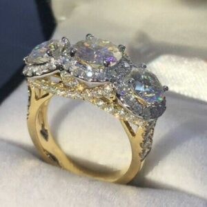 2.89 Ctw Round White Diamond 3-Stone Halo Luxury Engagement Ring Solid 14k Yellow Gold