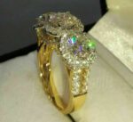 2.89 Ctw Round White Diamond 3-Stone Halo Luxury Engagement Ring Solid 14k Yellow Gold