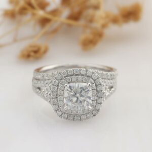 2.56 Ctw Cushion VVS1 Diamond Double Halo Engagement Ring Wedding Set Real 14k White Gold