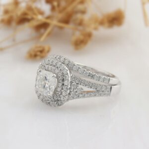 2.56 Ctw Cushion VVS1 Diamond Double Halo Engagement Ring Wedding Set Real 14k White Gold