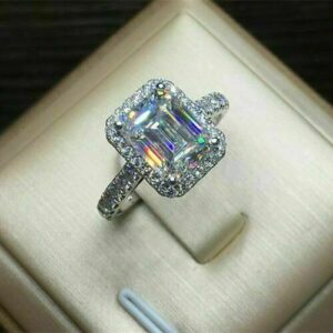 2.60 Carat Emerald White Diamond Halo Engagement Ring Solid 14k White Gold