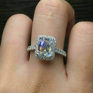 2.60 Carat Emerald White Diamond Halo Engagement Ring Solid 14k White Gold