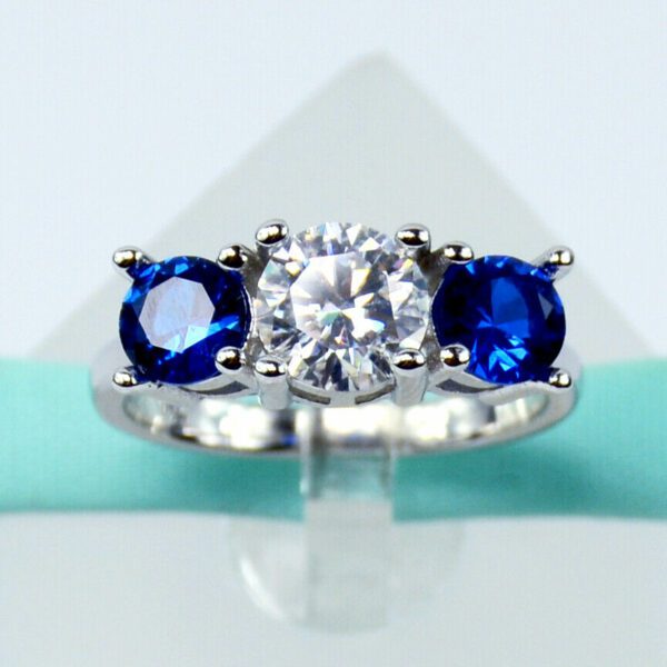 1.75 Ctw Round Diamond With Sapphire 3-Stone Engagement Ring 14k White Gold Over