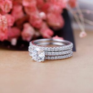 1.60 Carat Brilliant Cut Diamond Best Engagement Ring, Trio Wedding Ring Set 14k Gold Over